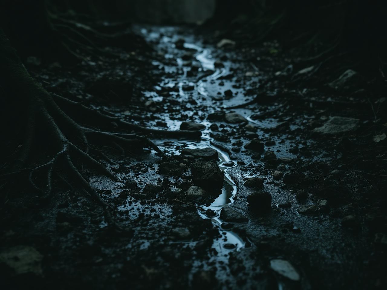 Wet muddy forest trail with roots and rocks